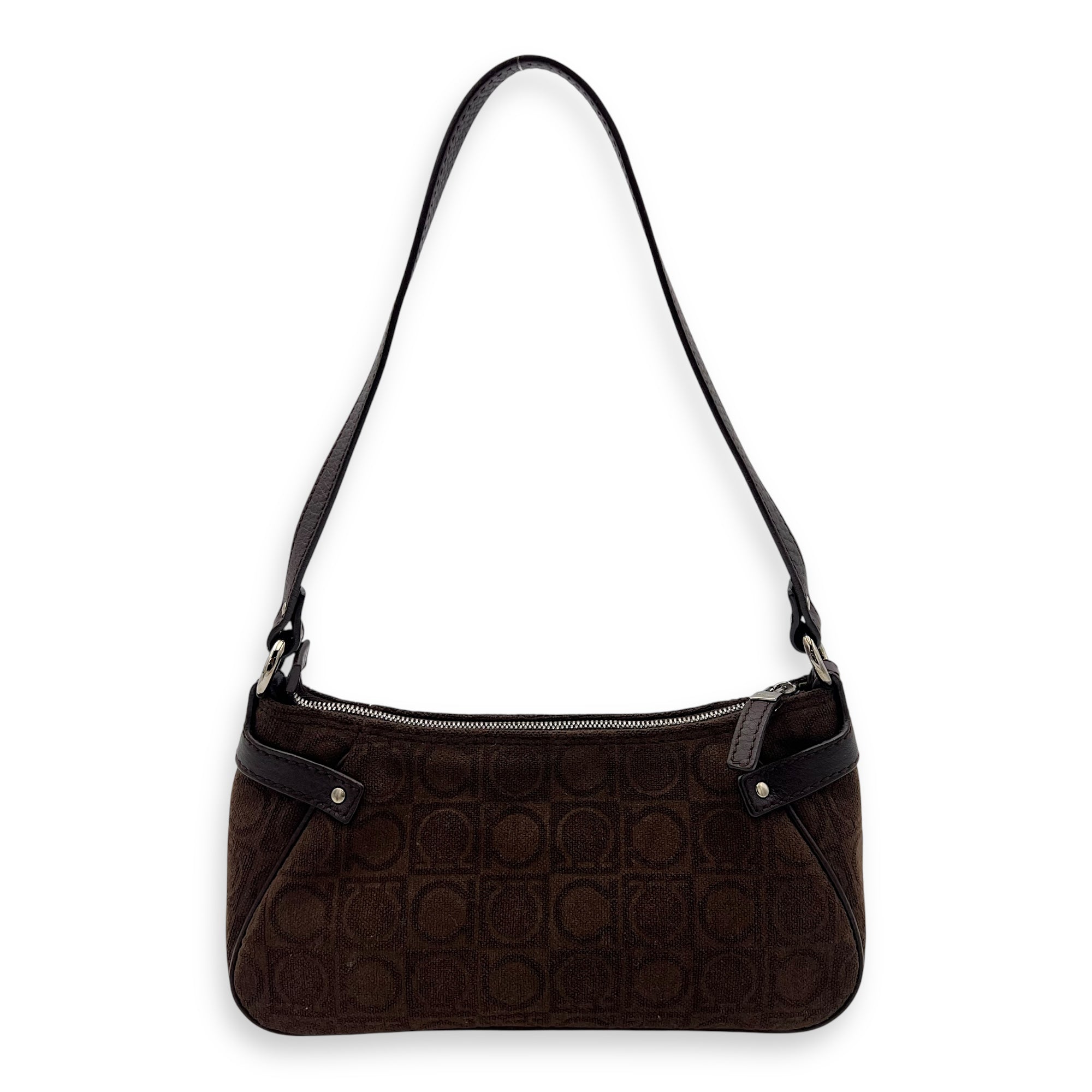 Salvatore Ferragamo Gancini Brown Shoulder Bag in Fabric, Silver hardware_2