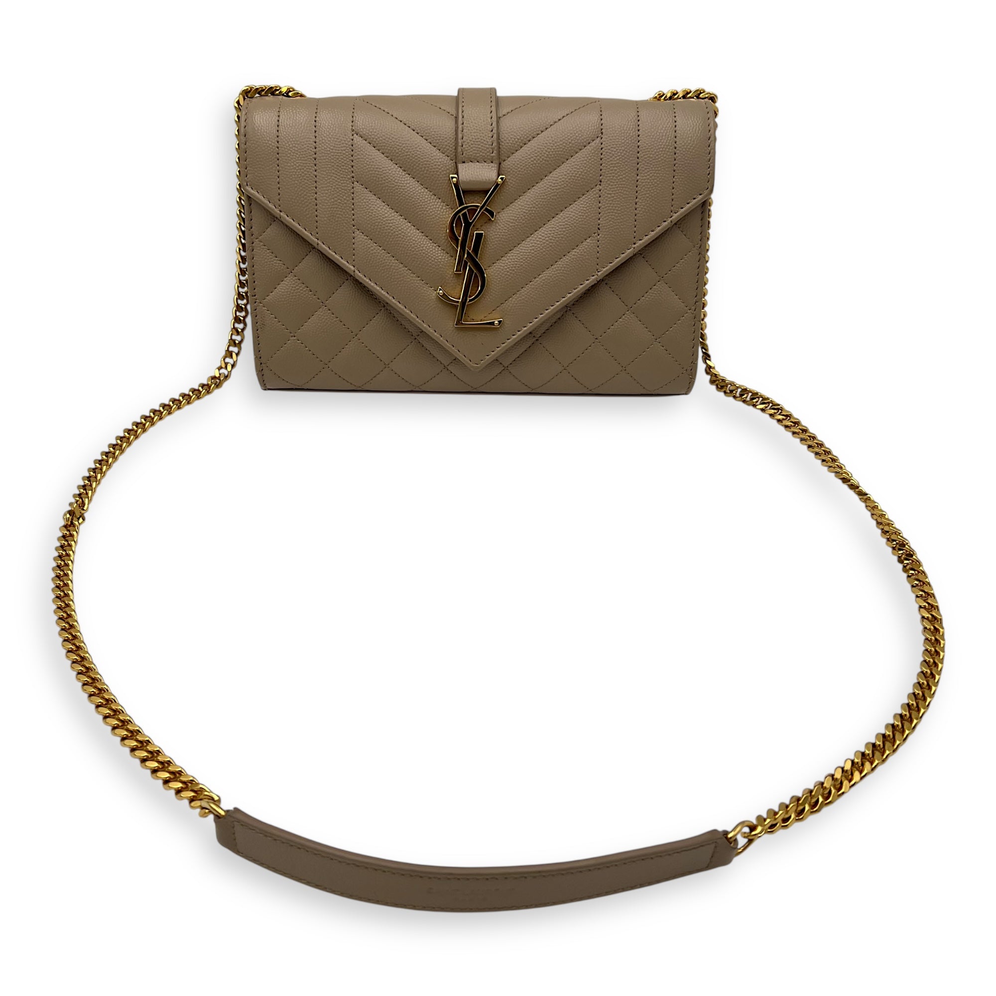 Saint Laurent Envelope Crossbody Bag Small Beige in Calfskin, Gold hardware_14