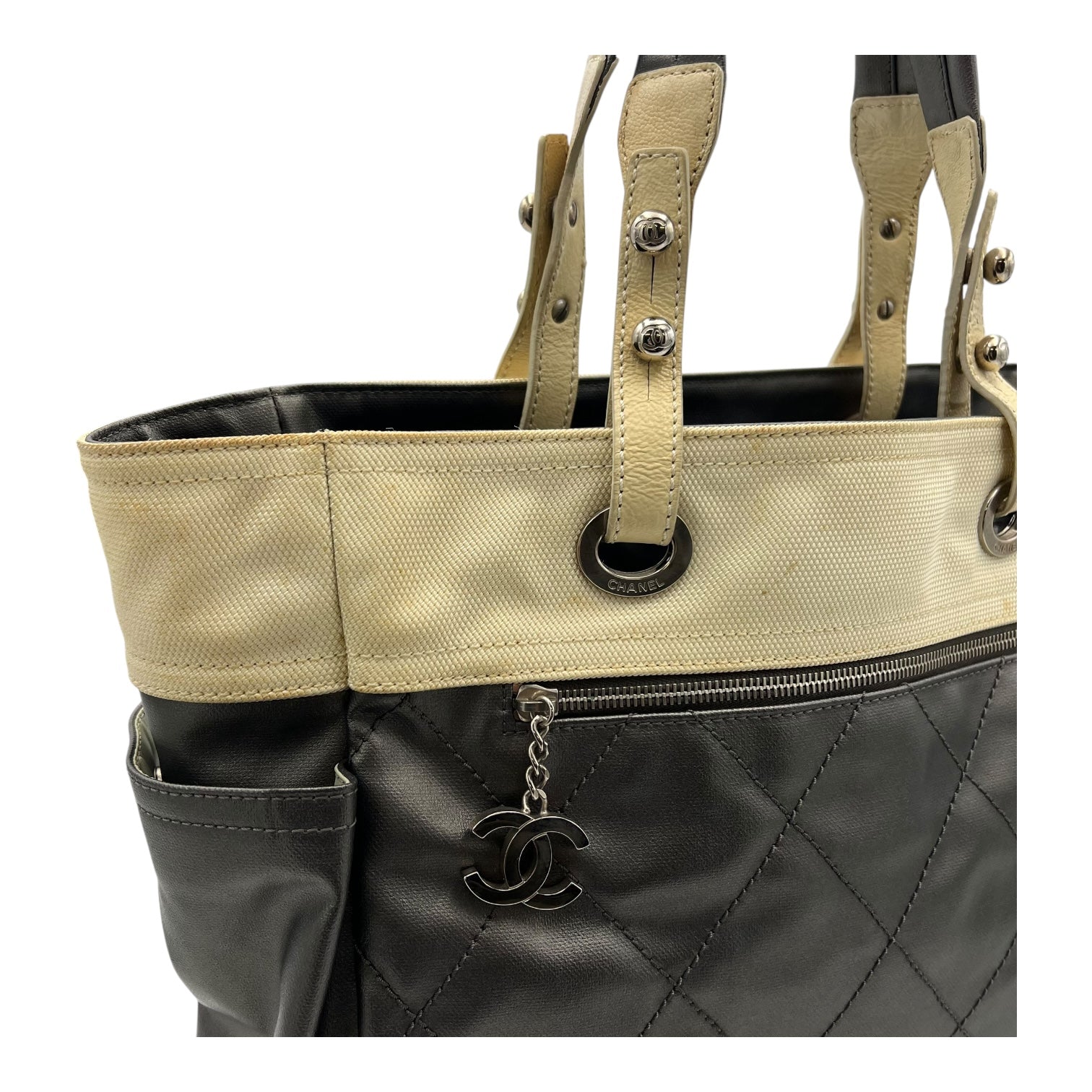 Chanel Paris Biarritz Tote Bag Grey in Coated Canvas, Silver hardware_8