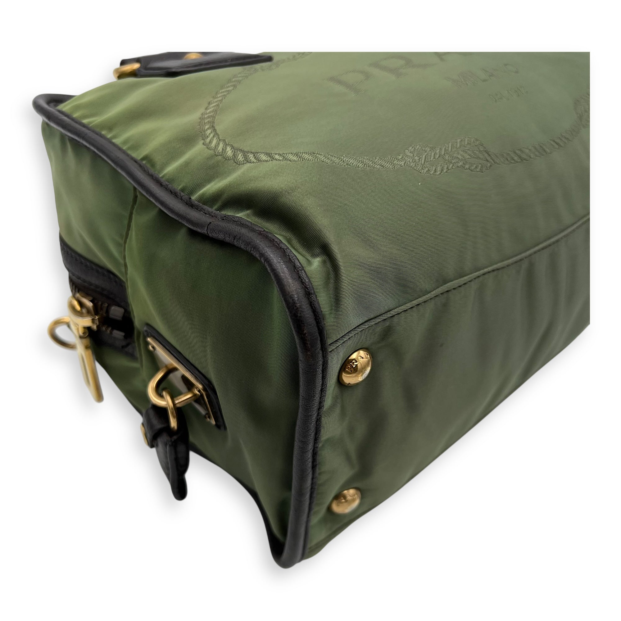 Prada Logo Top Handle Bag Green in Nylon, Gold hardware_7