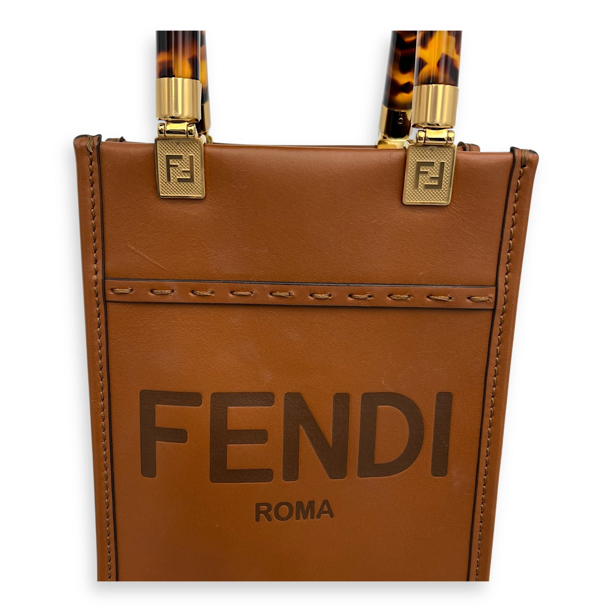 Fendi Sunshine Top Handle Bag Mini Brown in Calfskin, Gold hardware_7