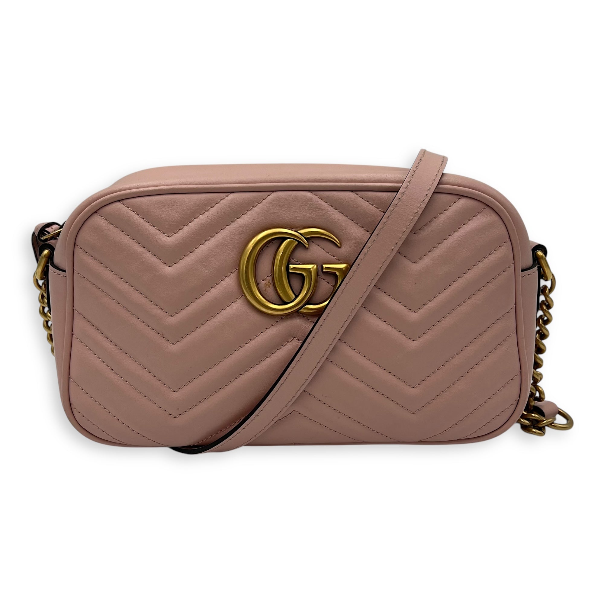 Gucci GG Marmont Crossbody Bag Pink in Calfskin, Gold hardware_12