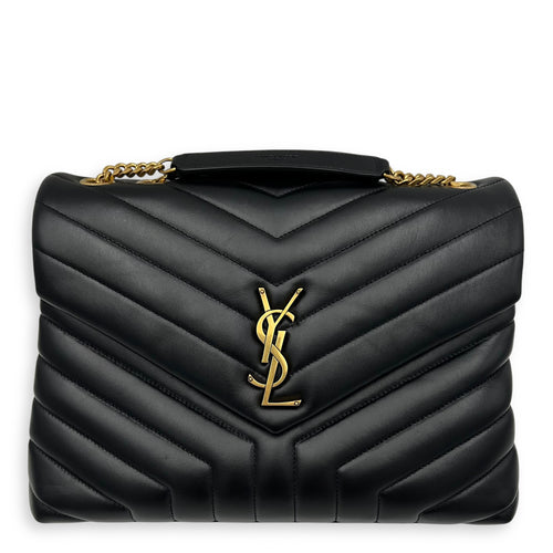Saint Laurent Loulou Shoulder Bag Medium Black in Calfskin, Gold hardware_1