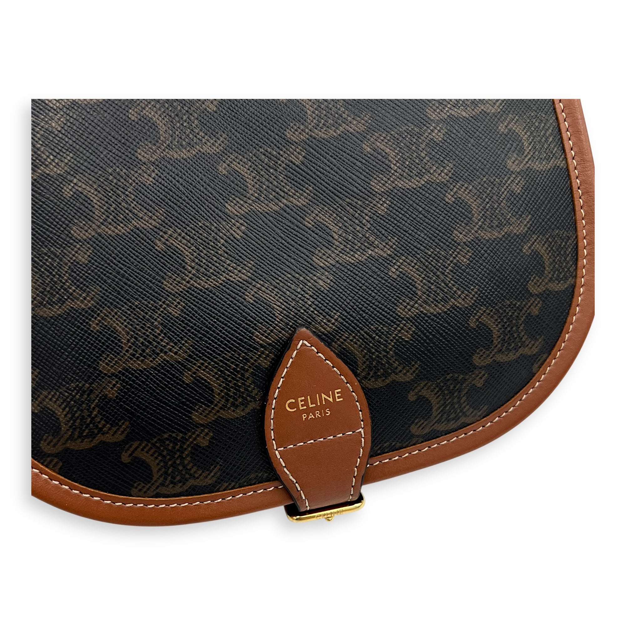 Celine Folco Crossbody Bag Brown in Coated Canvas, Gold hardware_9