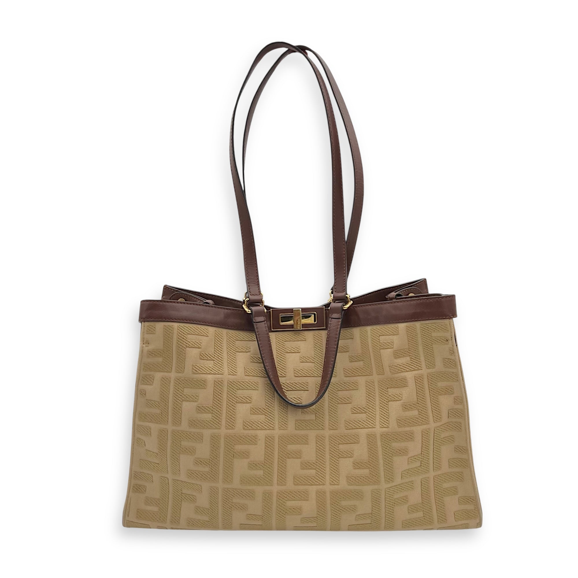 Fendi Peekaboo Brown Top Handle Bag in Canvas, Gold hardware_21