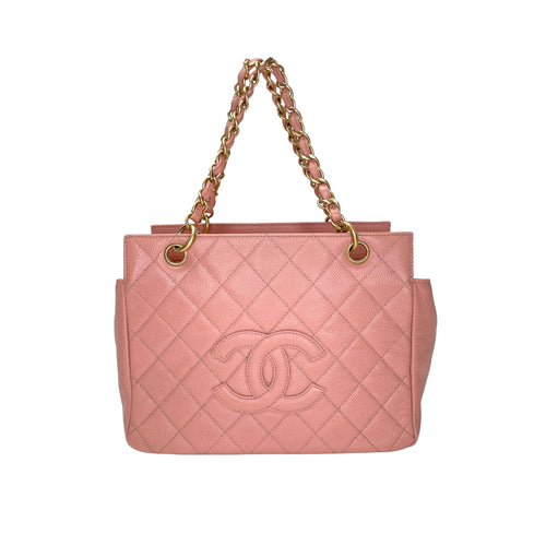 PST Petit Shopping Petit Pink Tote Bag in Caviar Leather, Gold hardware