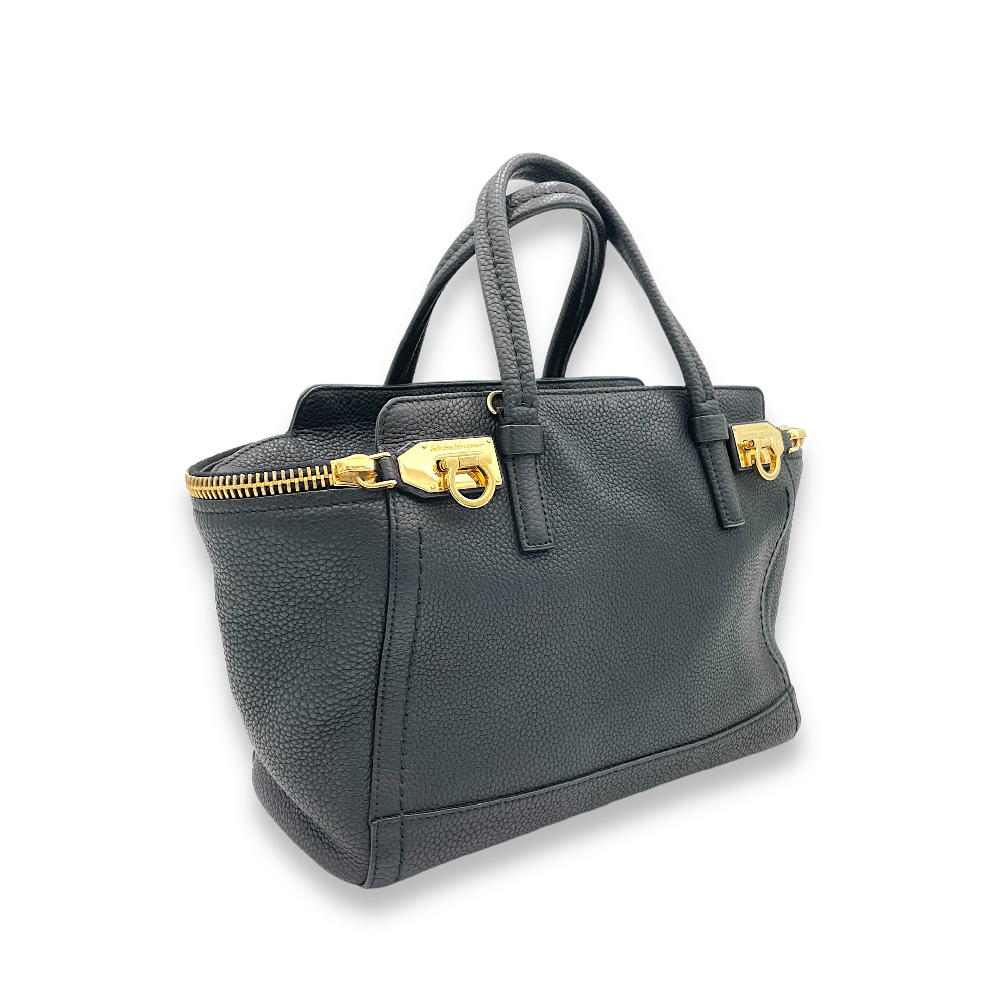 Gancini Top Handle Bag Black in Calfskin, Gold hardware