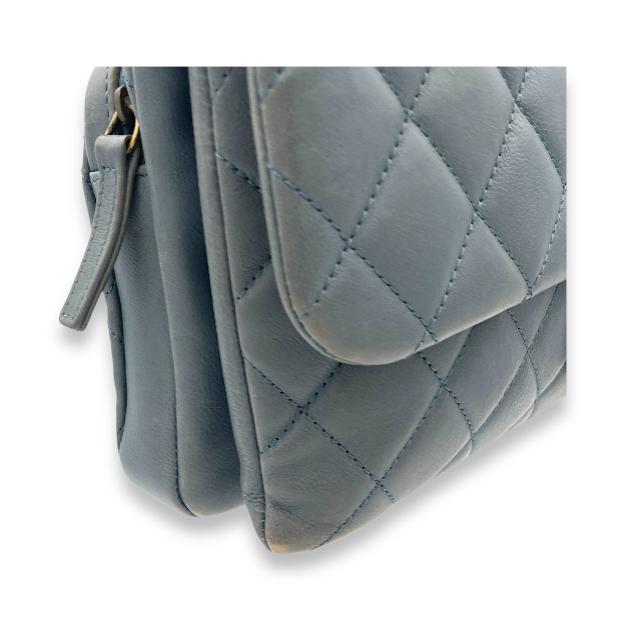 Double Crossbody Bag Grey in Calfskin, Gold hardware