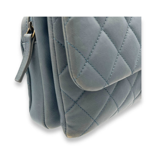 Double Crossbody Bag Grey in Calfskin, Gold hardware