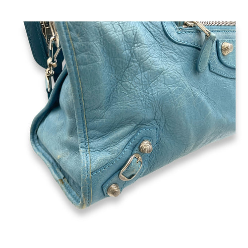 City Medium Blue Top Handle Bag in Distressed Leather, Silver hardware