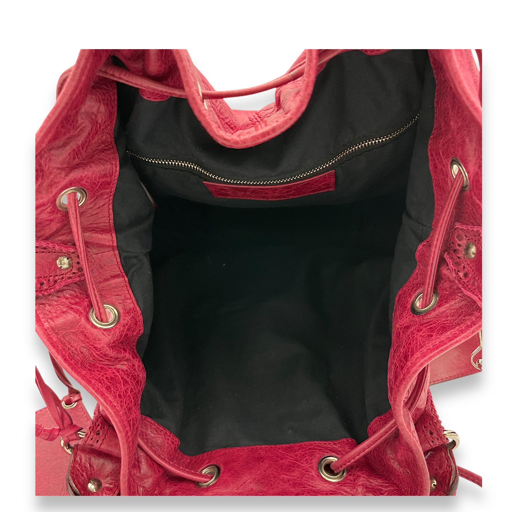 PomPon Red Top Handle Bag in Distressed Leather, Silver hardware