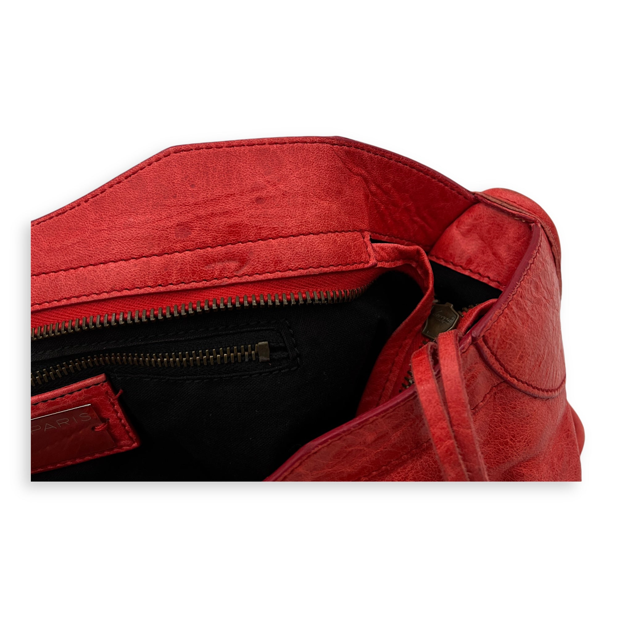 City Top Handle Bag Medium Red in Distressed Leather, Ruthenium hardware