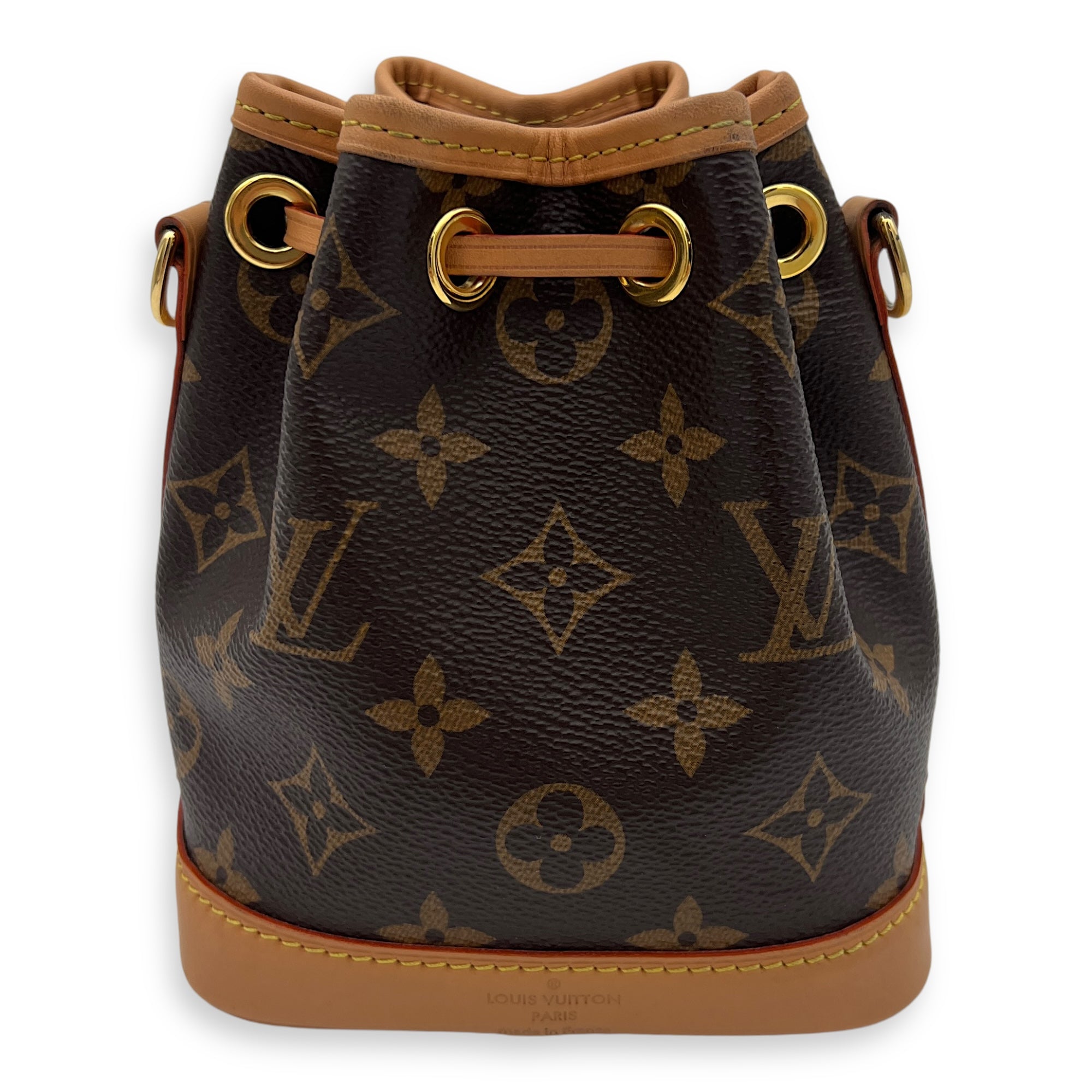 Noe Top Handle Bag Nano Brown in Monogram Coated Canvas, Gold hardware