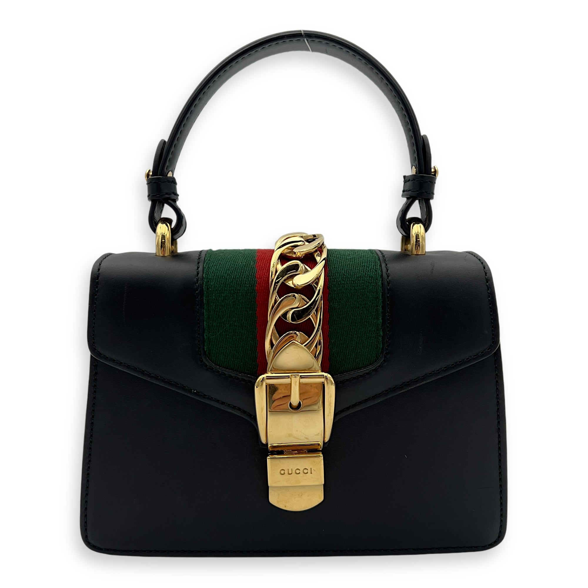 Sylvie Mini Black Top Handle Bag in Calfskin, Gold hardware