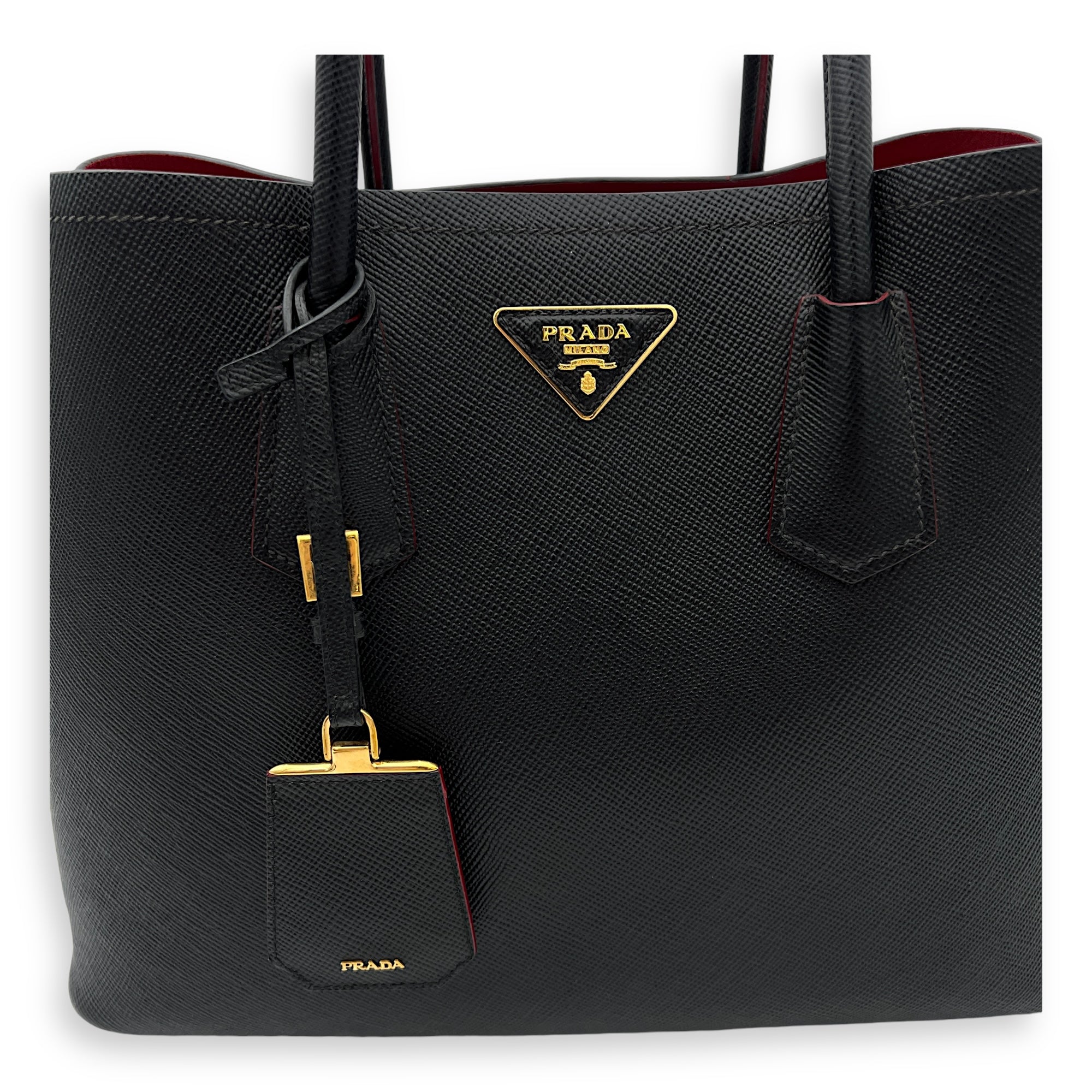 Double Top Handle Bag Black in Saffiano Leather, Gold hardware