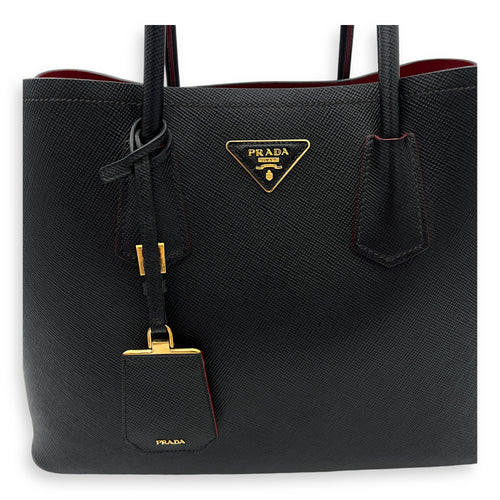 Double Top Handle Bag Black in Saffiano Leather, Gold hardware