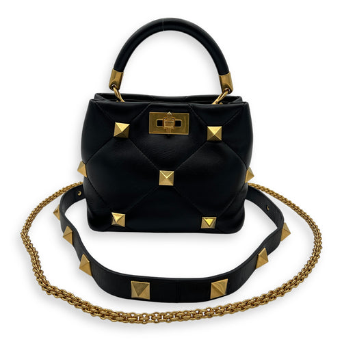 Roman Studs Top Handle Bag Small Black in Calfskin, Gold hardware