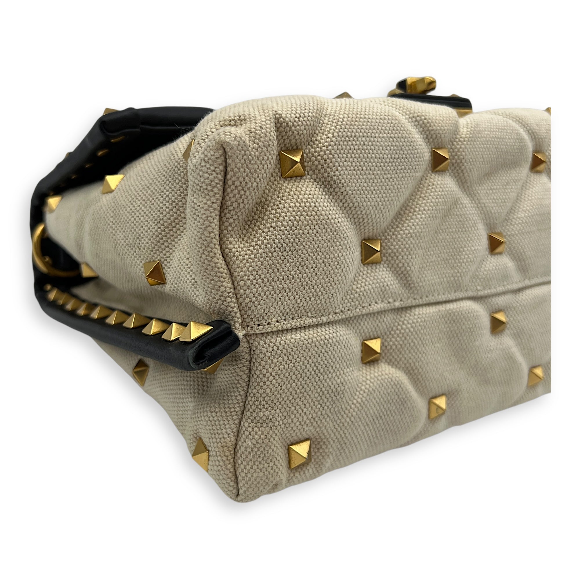 Rockstud White Top Handle Bag in Canvas, Gold hardware