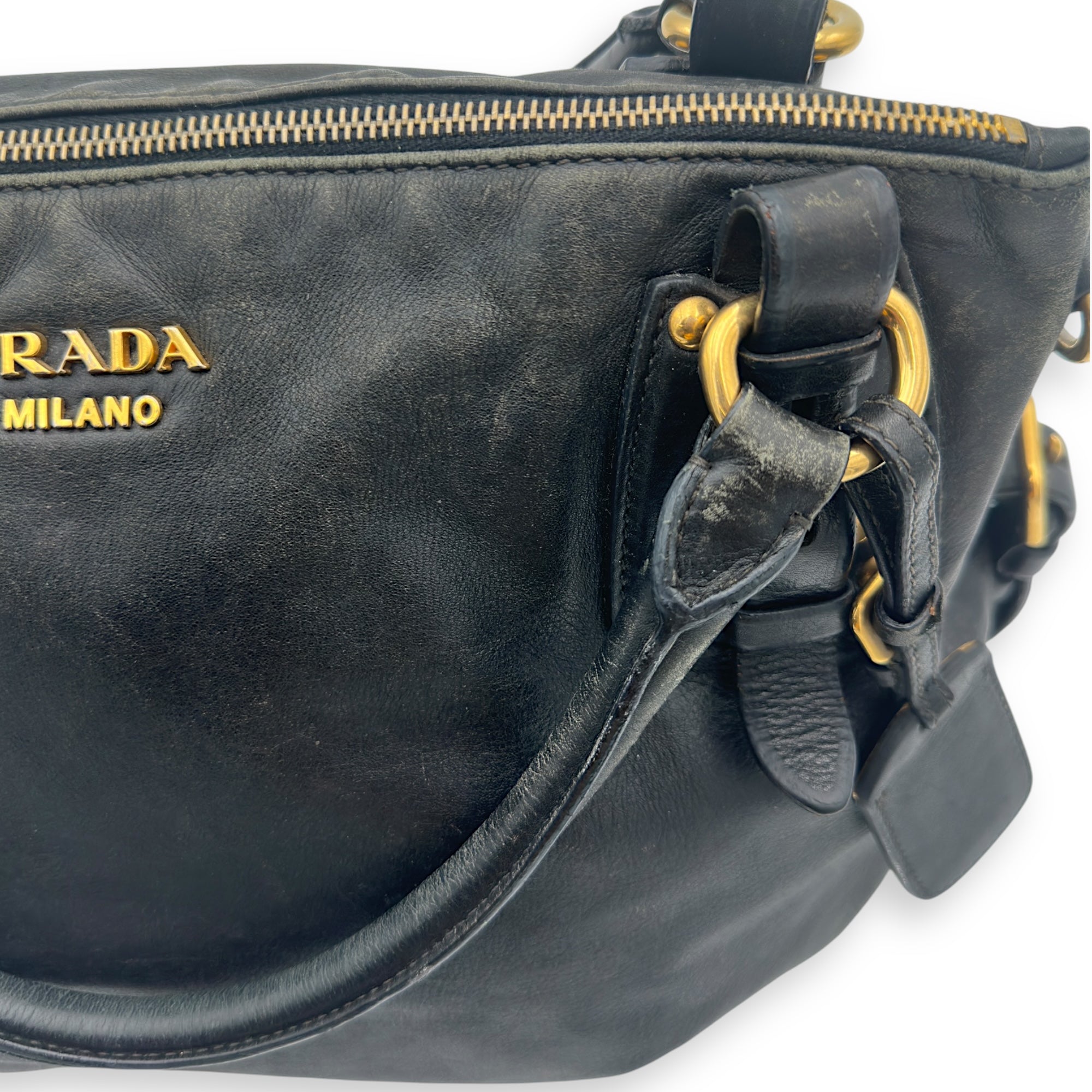 Prada Logo Top Handle Bag Black in Calfskin, Gold hardware_20