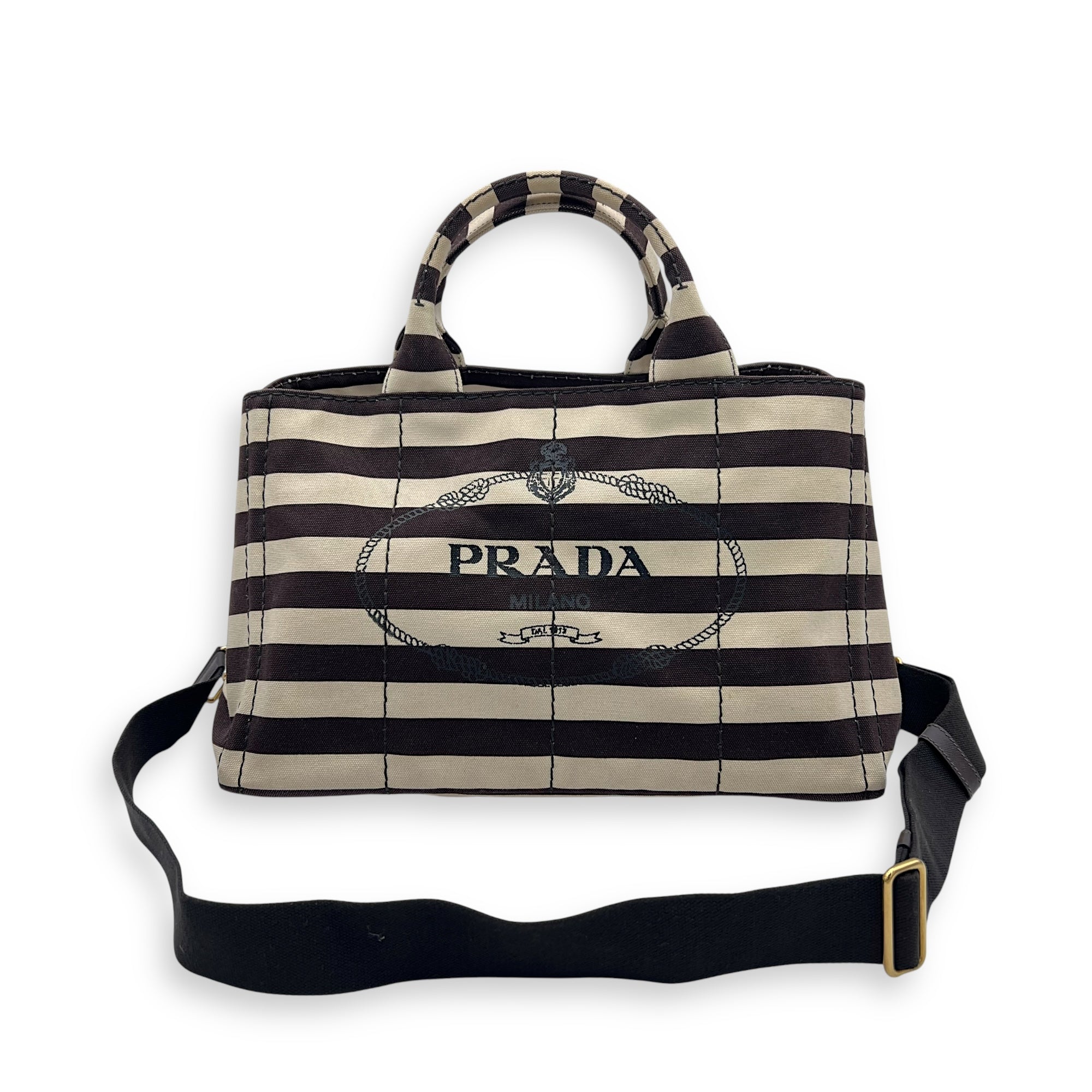 Prada Canapa Top Handle Bag Brown in Canvas, Gold hardware_14