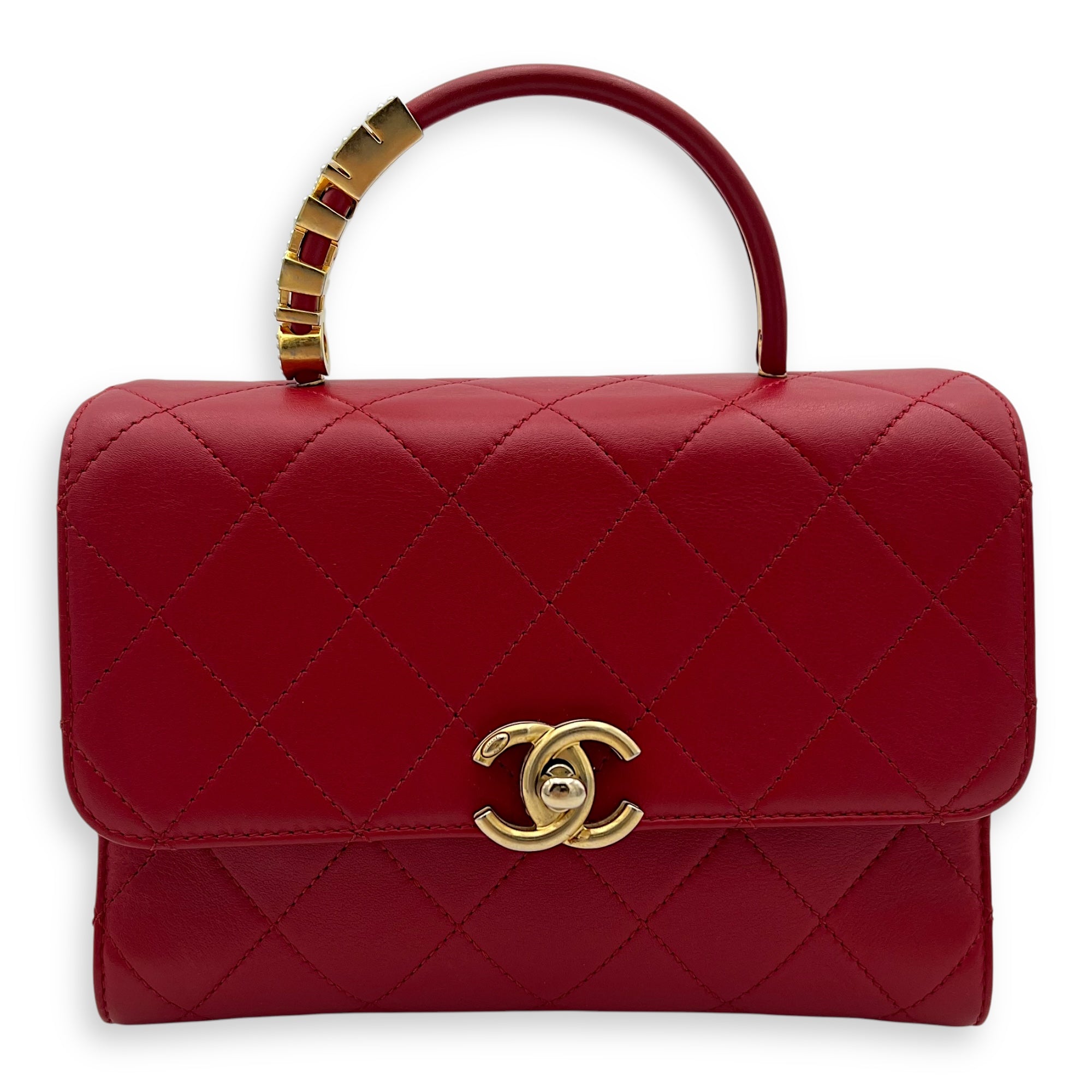 Chanel CC Pearl Top Handle Bag Red in Lambskin, Gold hardware_1