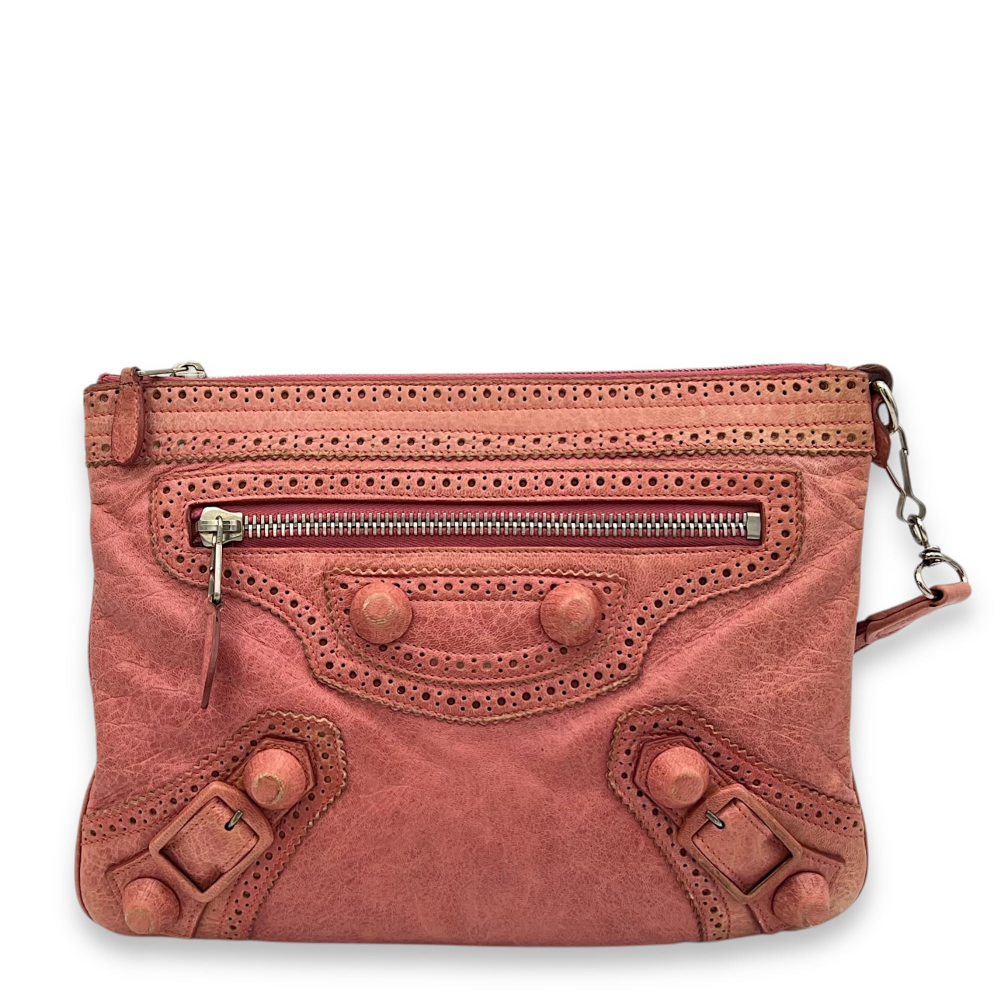 Balenciaga City Clutch Pink in Distressed Leather, Silver hardware_1