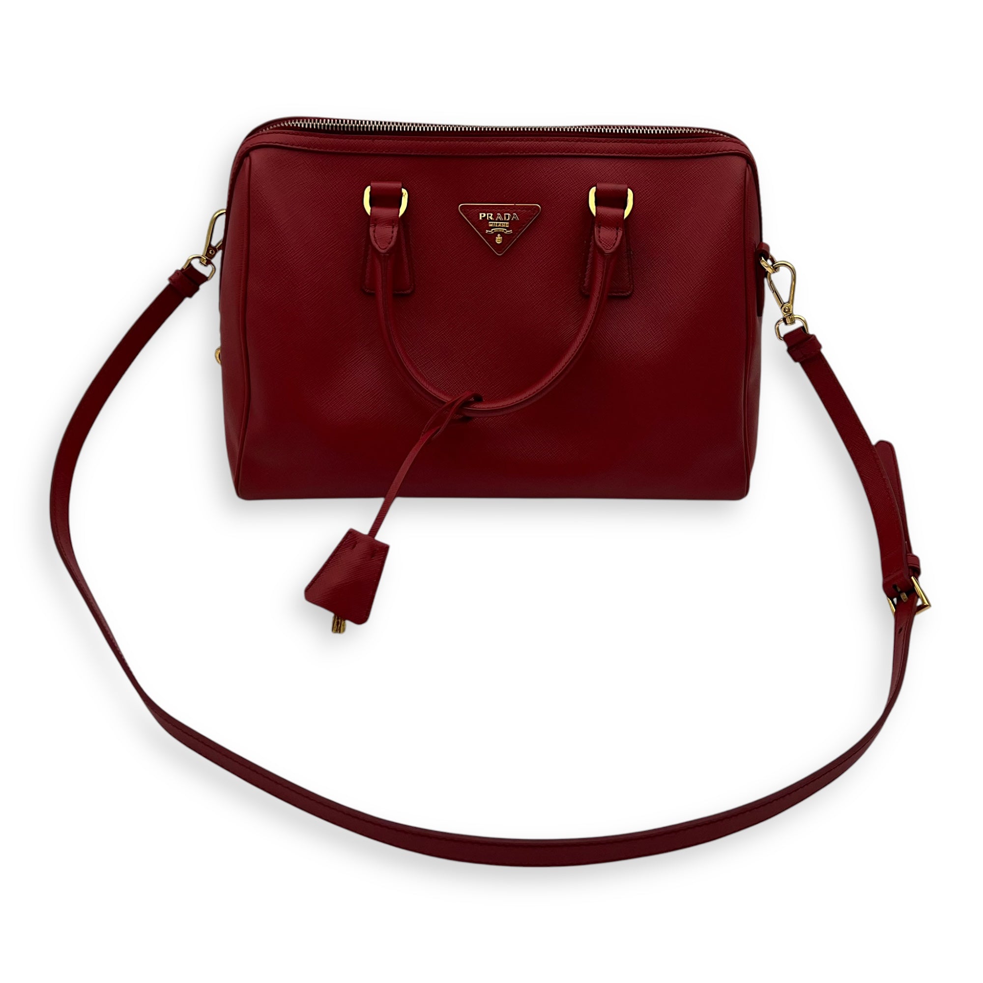 Prada Logo Top Handle Bag Red in Saffiano Leather, Gold hardware_22