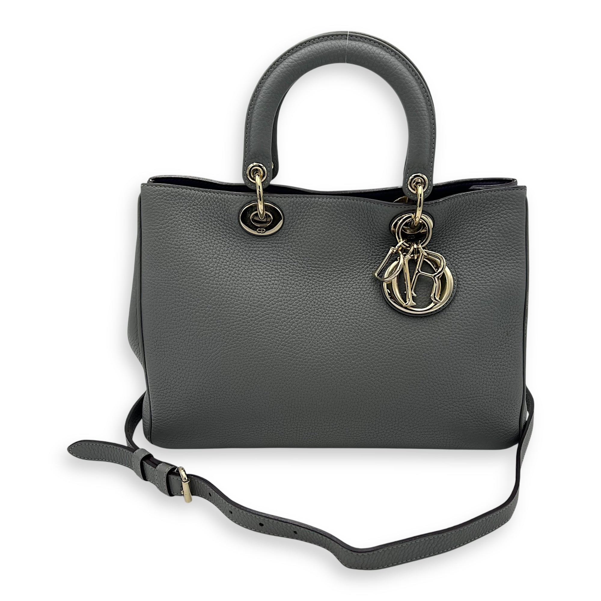 Christian Dior Diorissimo Top Handle Bag Grey in Calfskin, Gold hardware_14