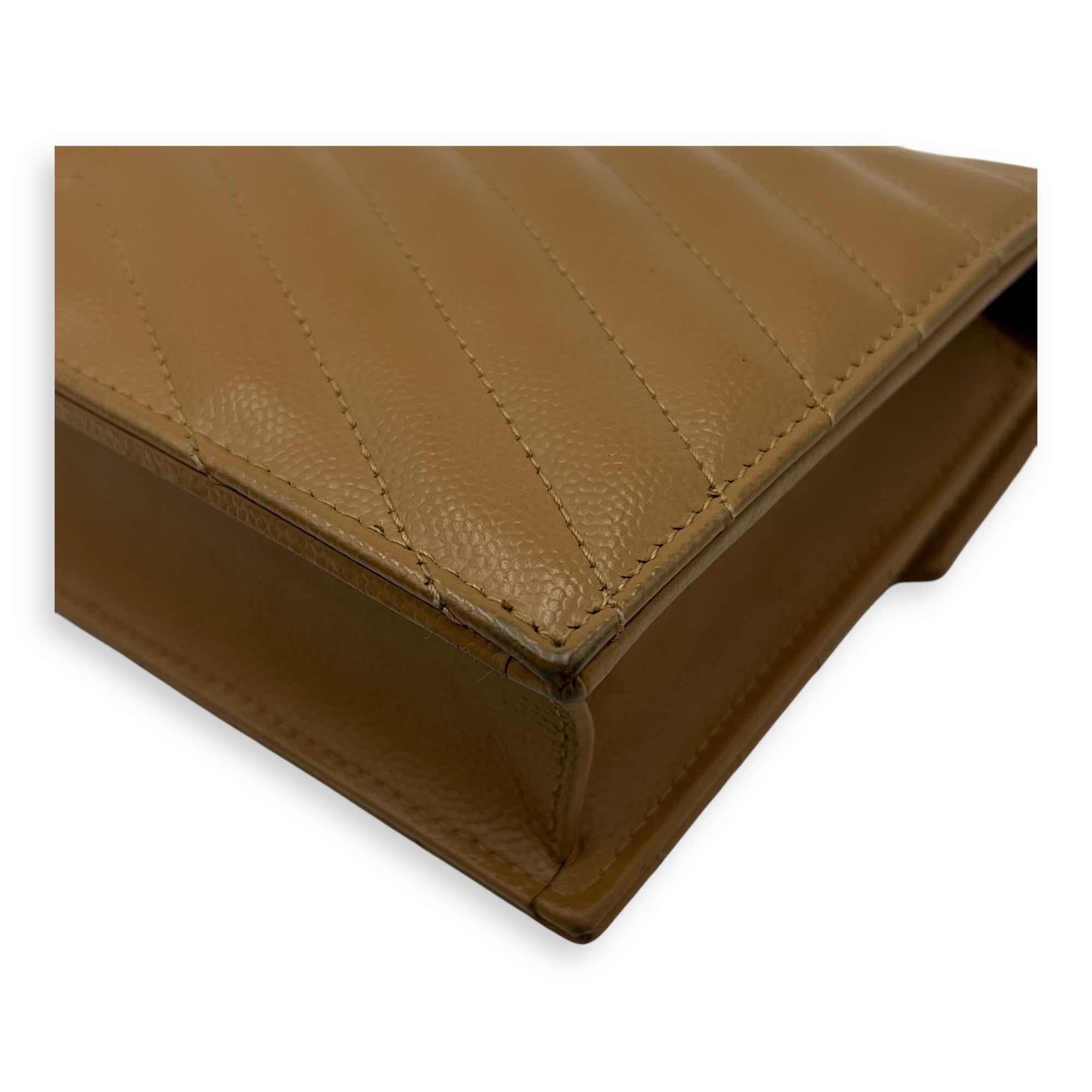 Saint Laurent Cassandre Wallet On Chain Beige in Calfskin, Gold hardware_14