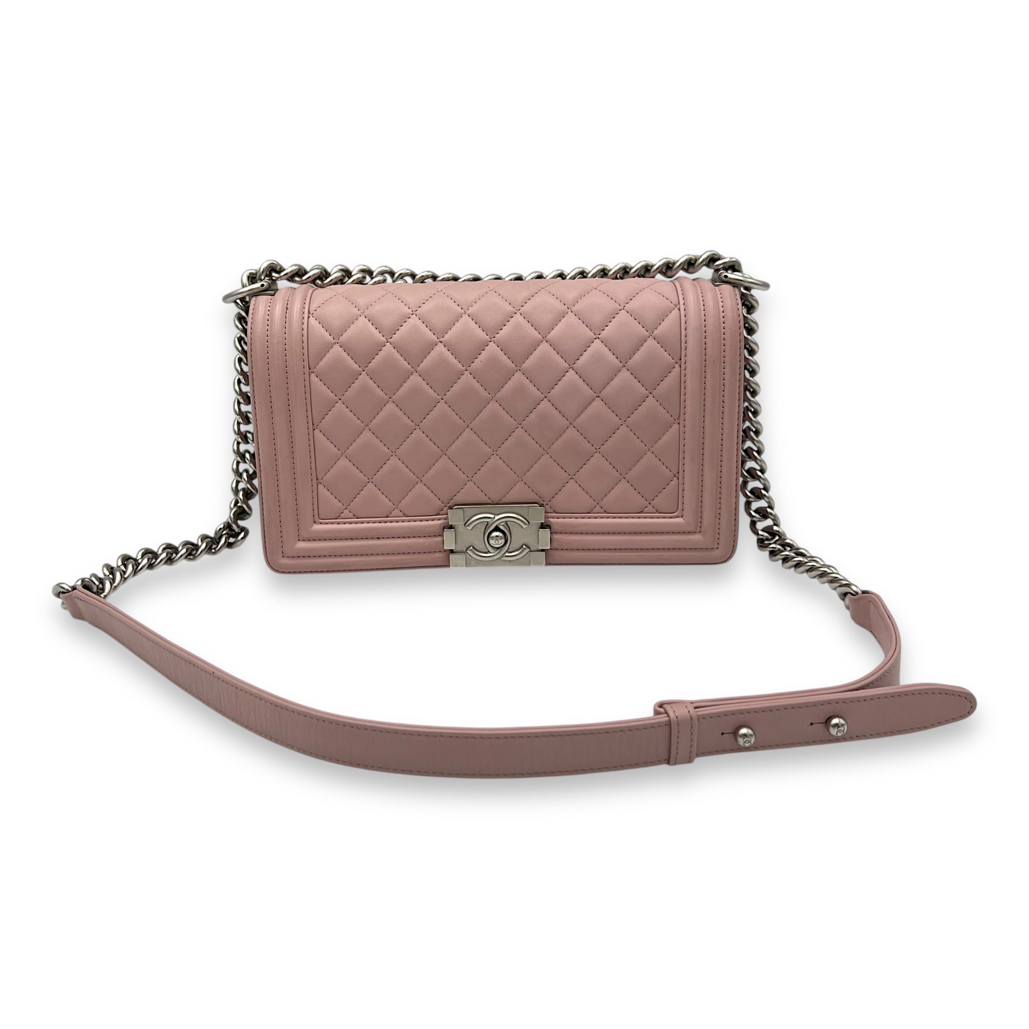 Chanel Boy Crossbody Bag Medium Pink in Calfskin, Silver hardware_8