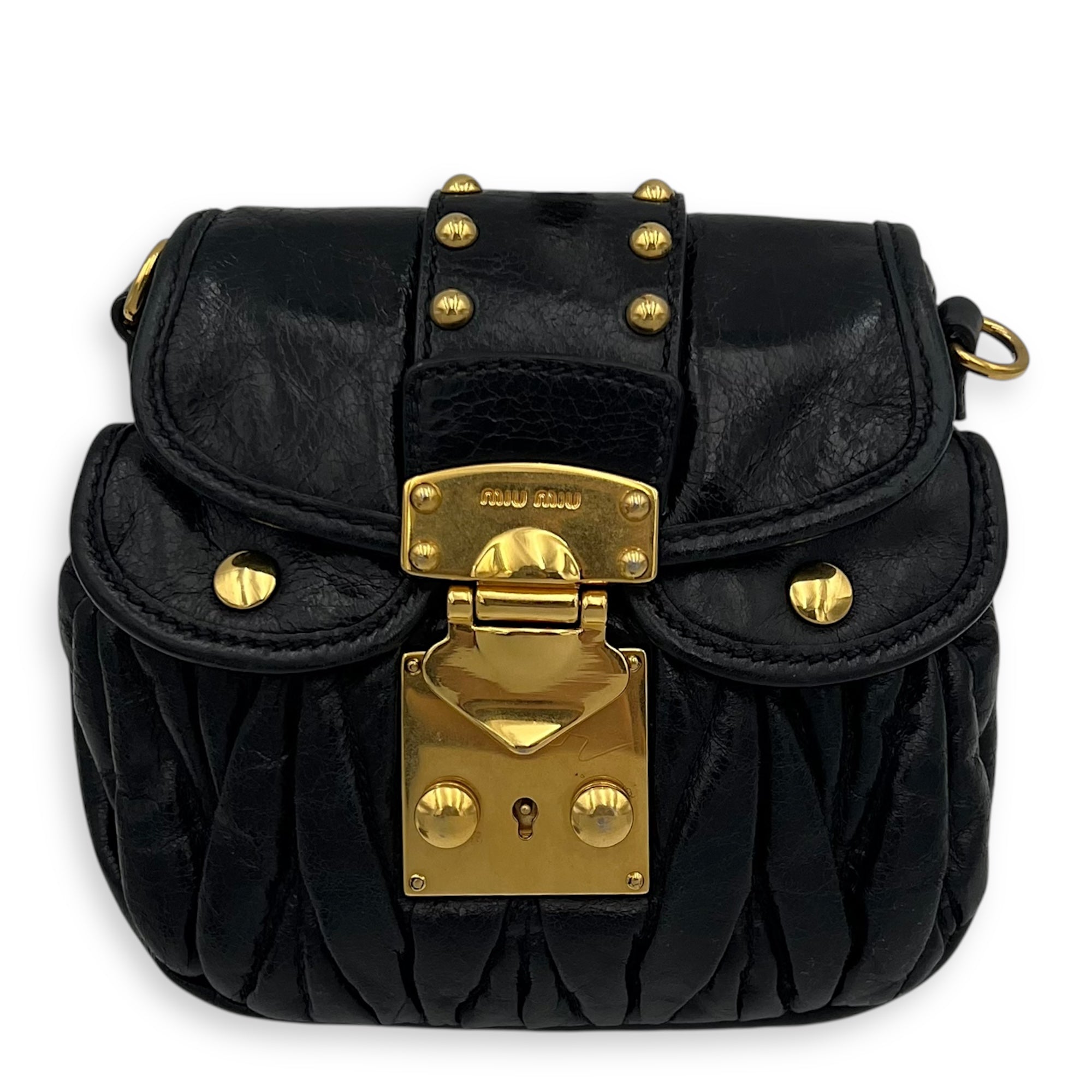 Miu Miu Coffer Crossbody Bag Black in Calfskin, Gold hardware_1
