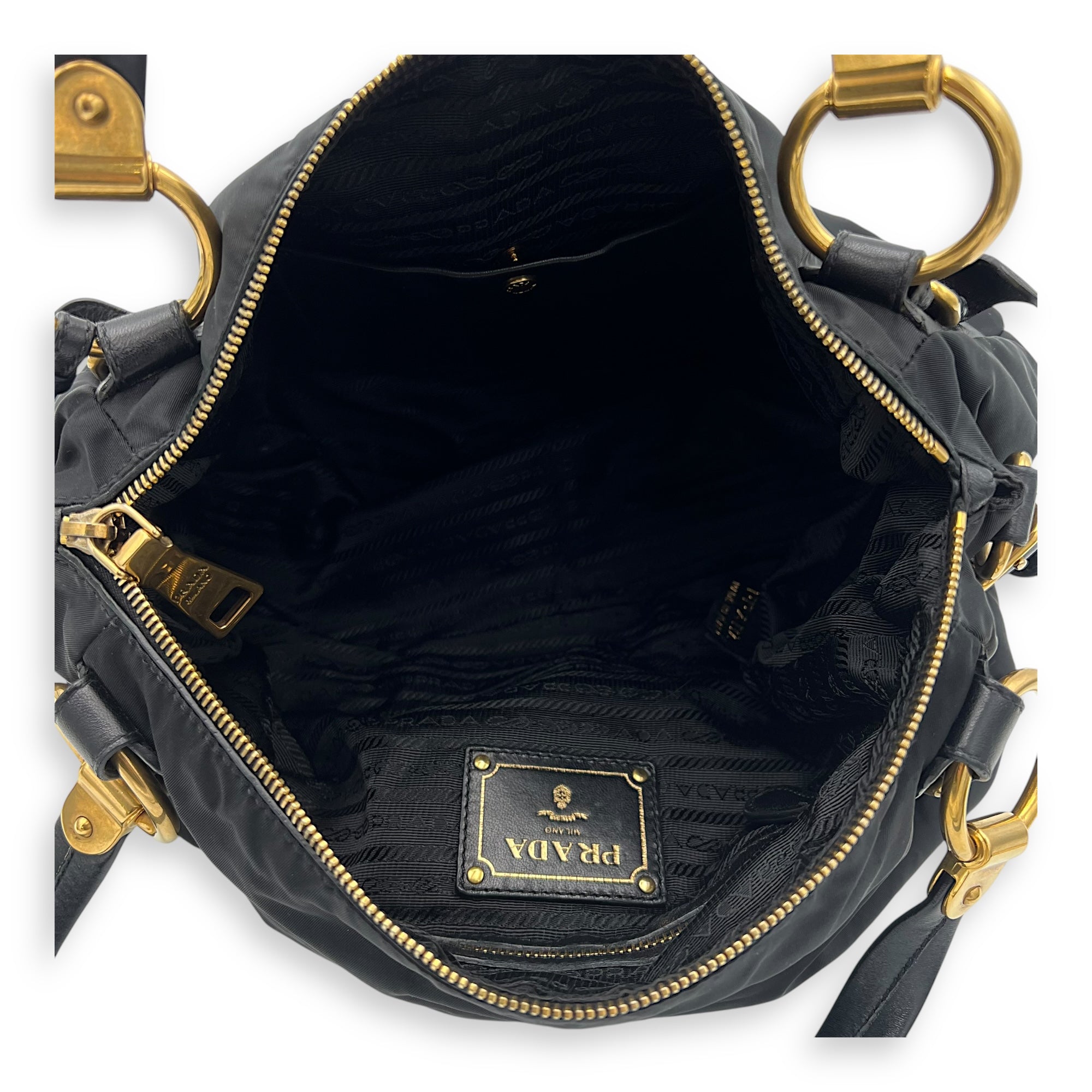 Prada Logo Top Handle Bag Black in Nylon, Gold hardware_6