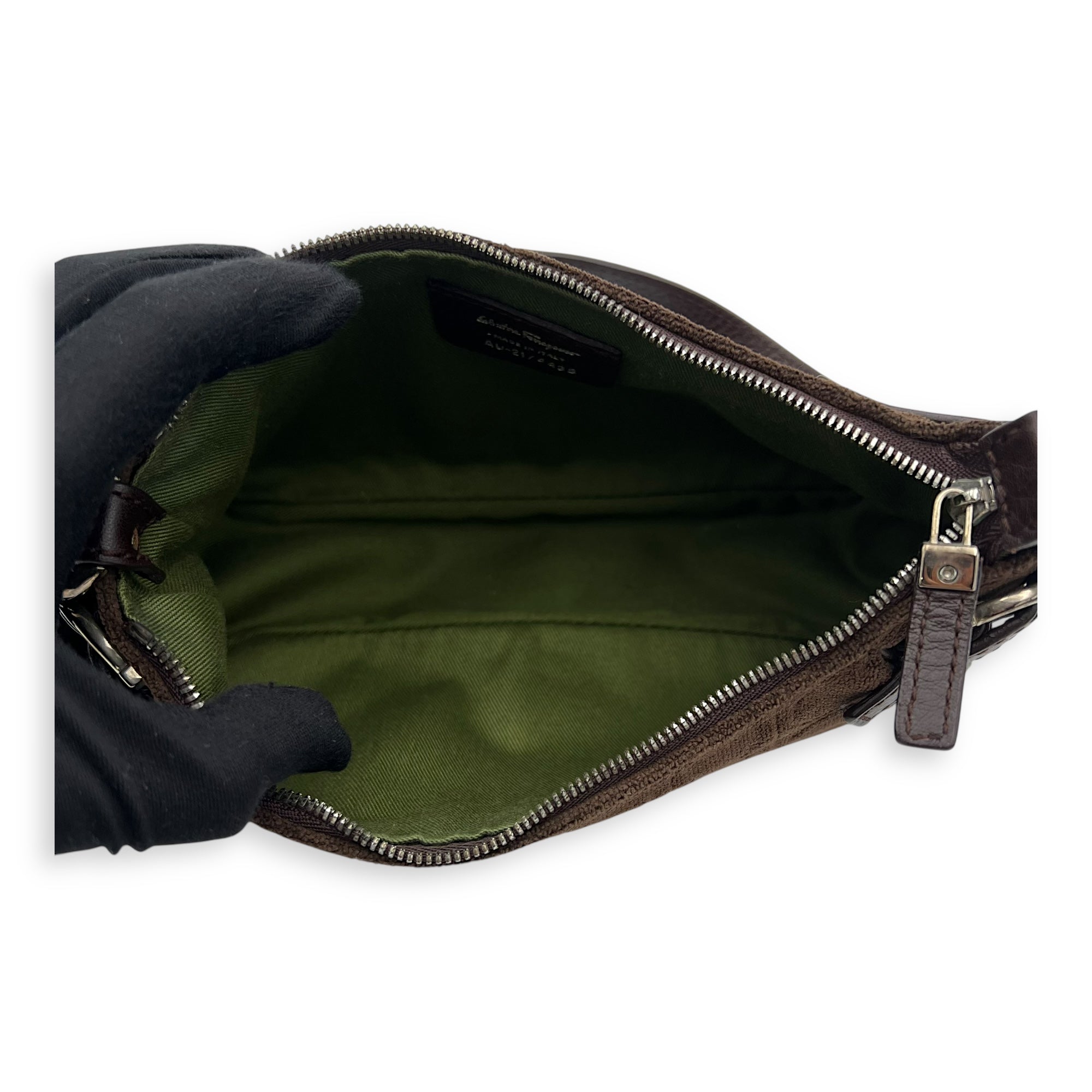 Salvatore Ferragamo Gancini Brown Shoulder Bag in Fabric, Silver hardware_6
