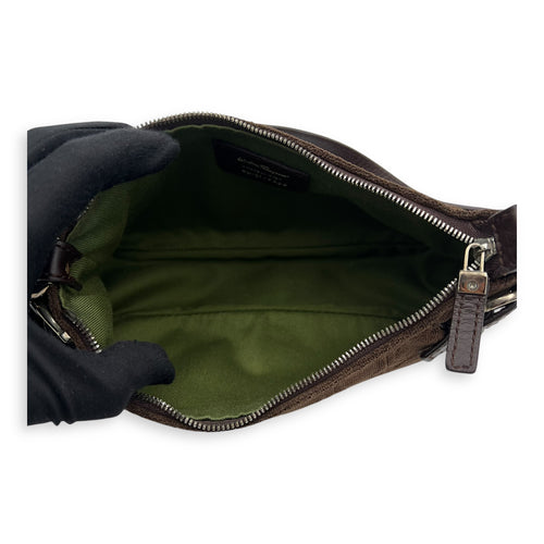 Salvatore Ferragamo Gancini Brown Shoulder Bag in Fabric, Silver hardware_6