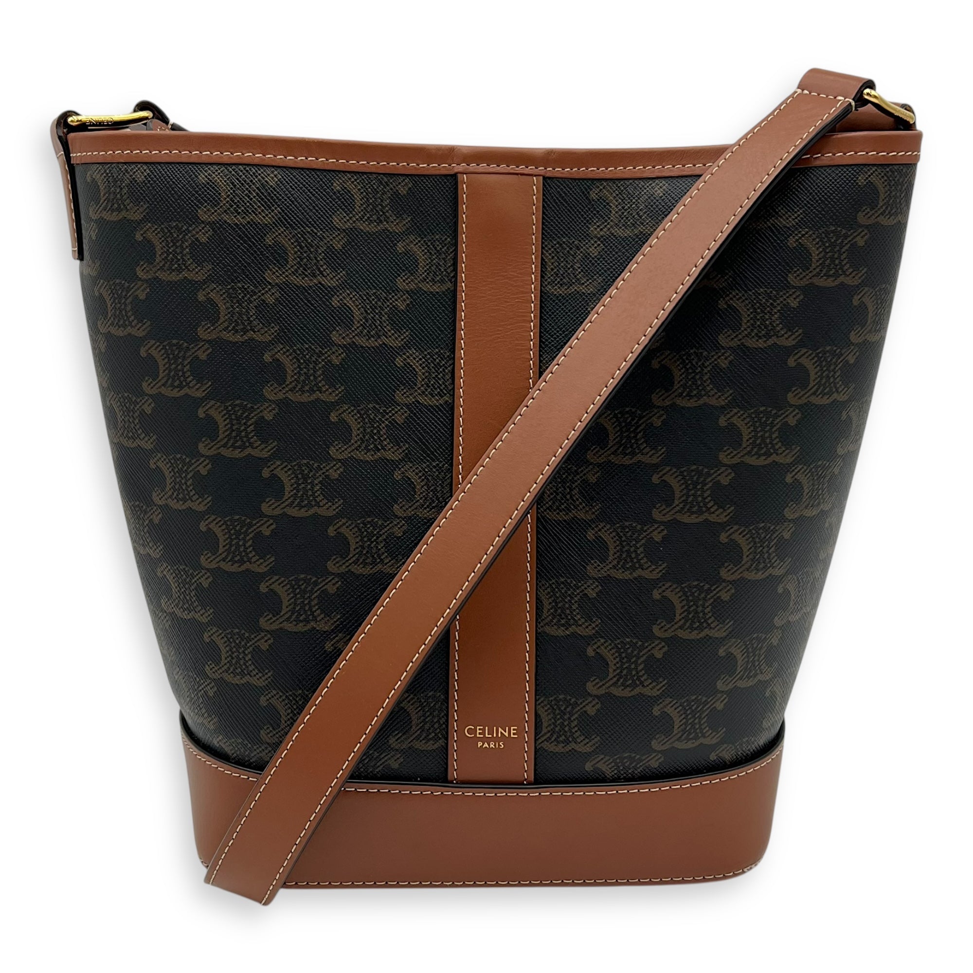 Celine Triomphe Bucket Bag Brown in Coated Canvas, Gold hardware_9