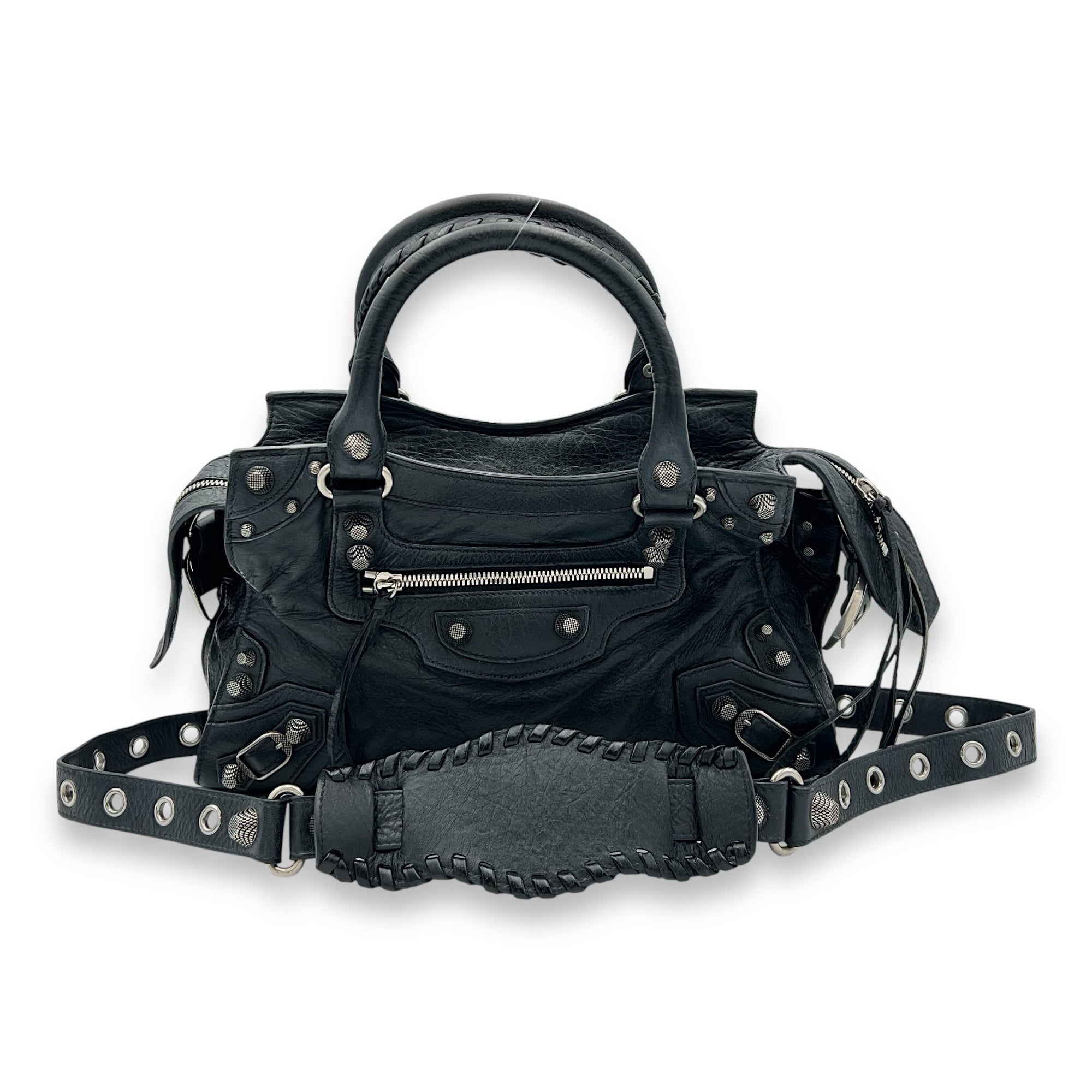Balenciaga Neo Classic Top Handle Bag Black in Distressed Leather, Silver hardware_8