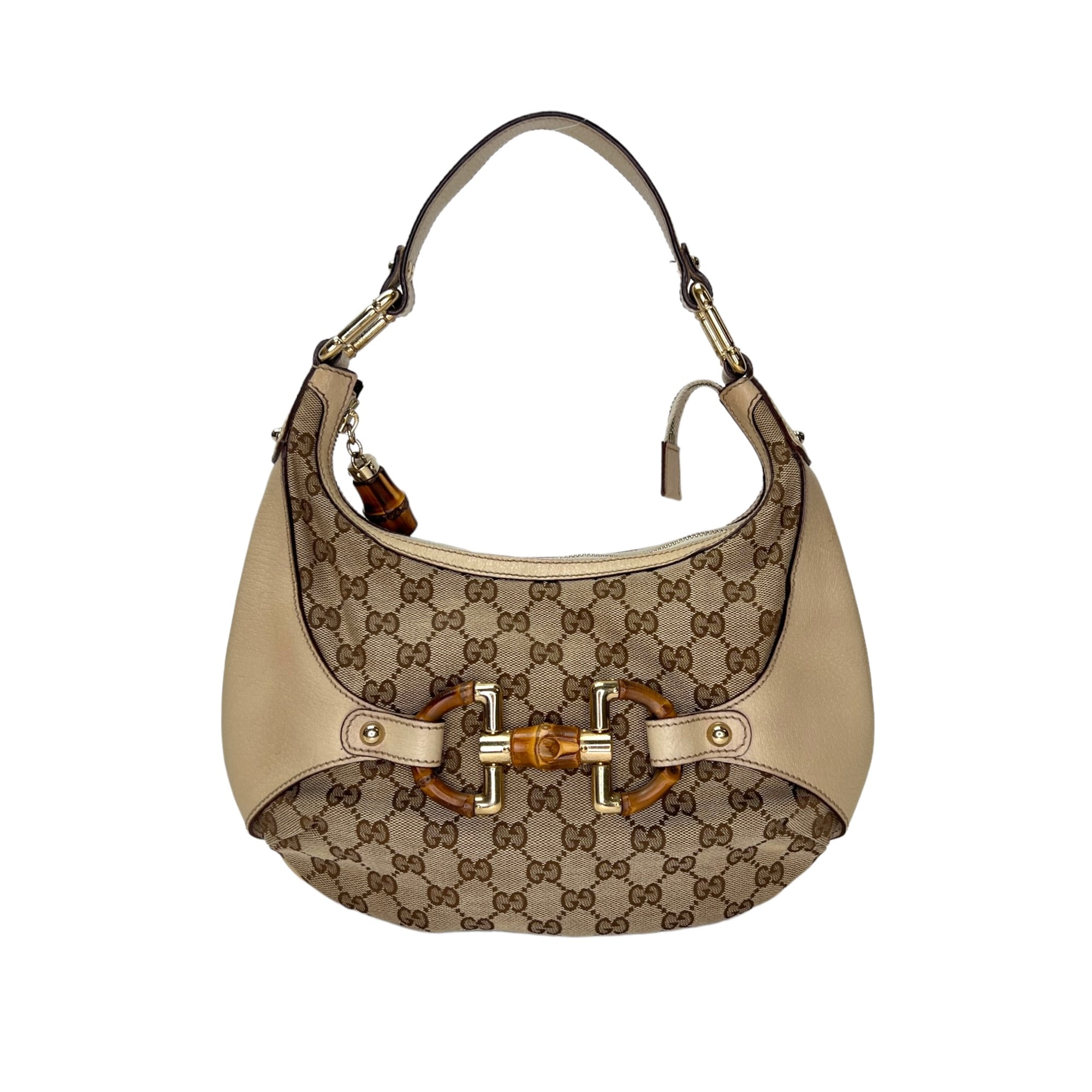 Bamboo Horsebit White Shoulder Bag in Jacquard, Light Gold hardware