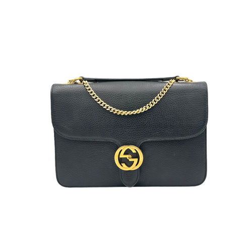 Interlocking G Black Shoulder Bag in Calfskin, Gold hardware