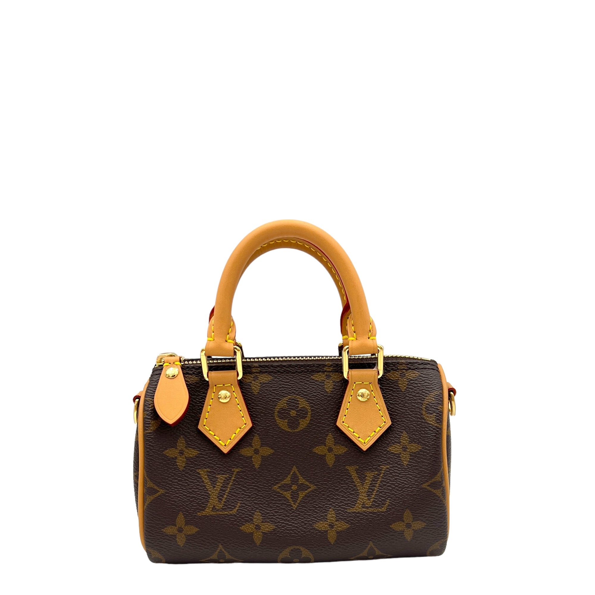 Speedy Nano Brown Top Handle Bag in Monogram Coated Canvas, Gold hardware