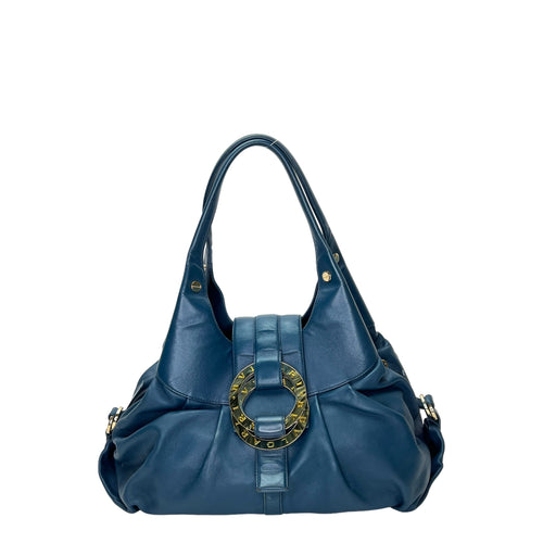 Chandra Hobo Blue Shoulder Bag in Calfskin, Gold hardware