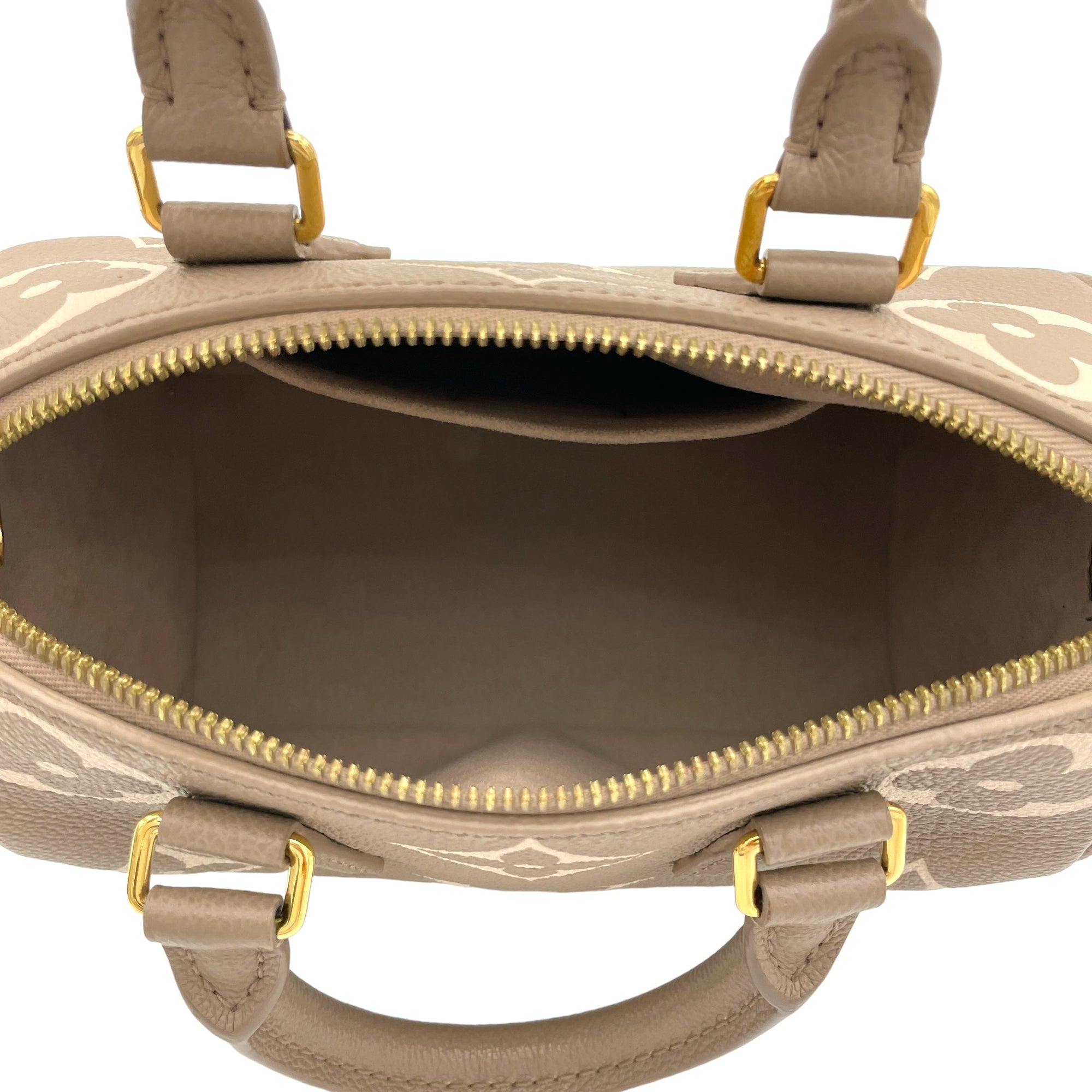 Speedy Bandouliere Top Handle Bag 20 Grey in Empreinte Leather, Gold hardware