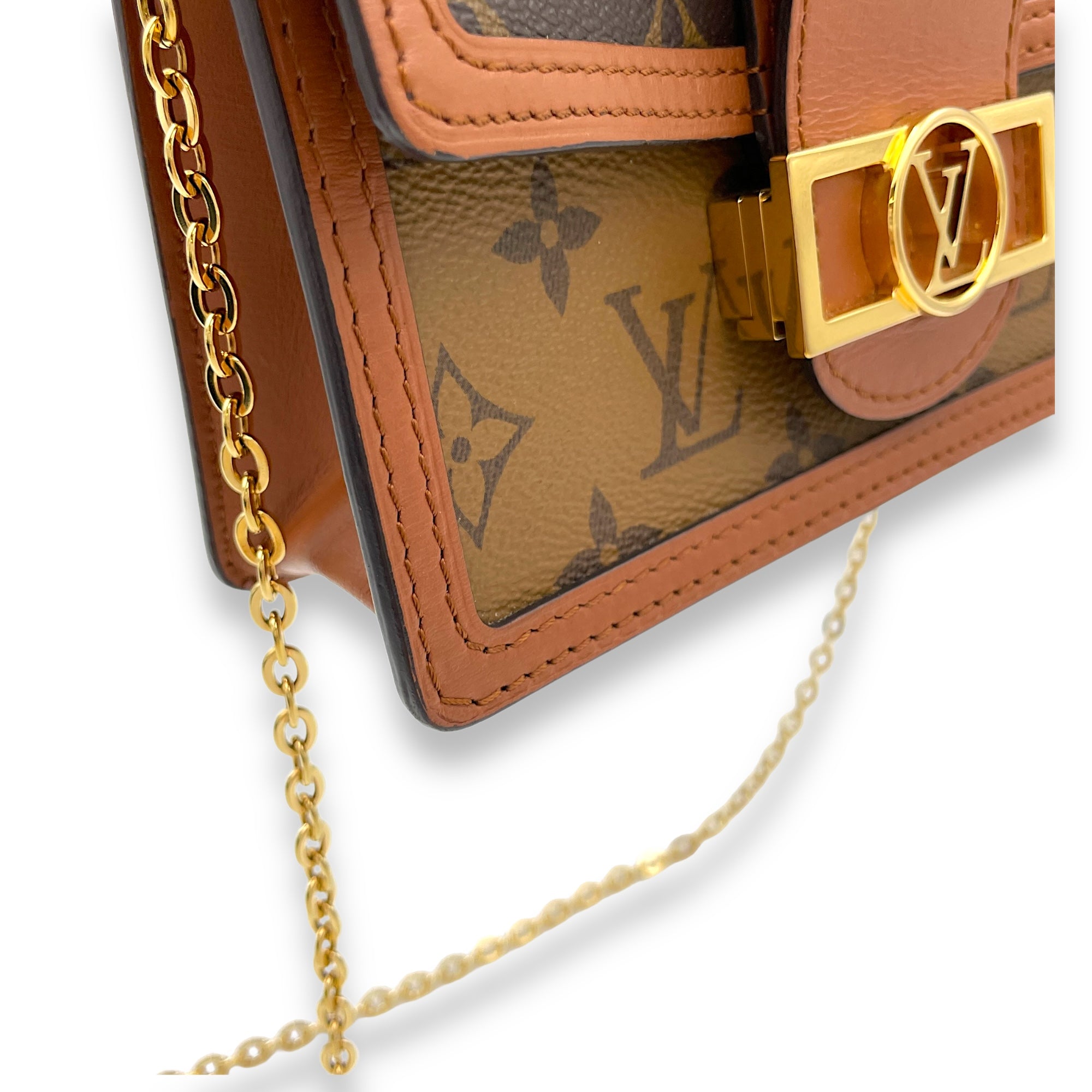 Dauphine Wallet On Chain Brown in Monogram Coated Canvas, Gold hardware