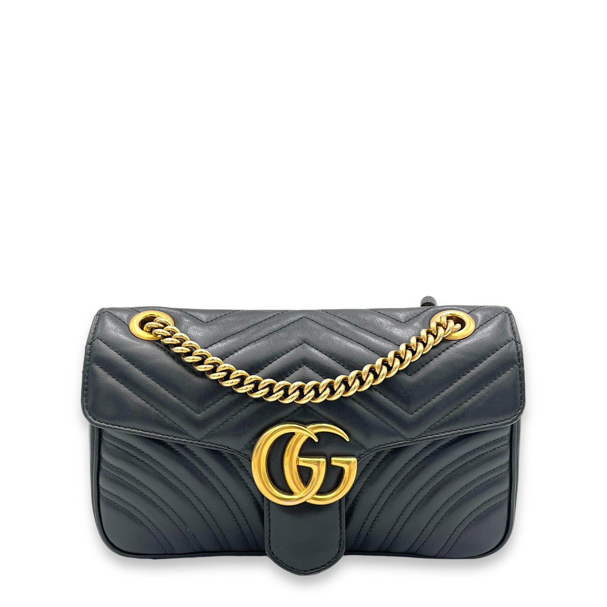 GG Marmont Small Black Shoulder Bag in Calfskin, Gold hardware