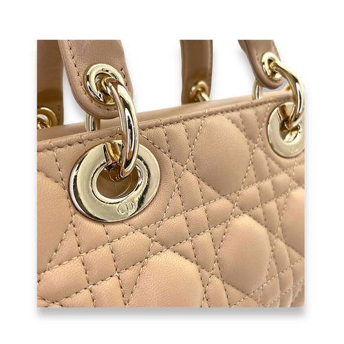 Lady D-Joy Small Beige Top Handle Bag in Lambskin, Gold hardware