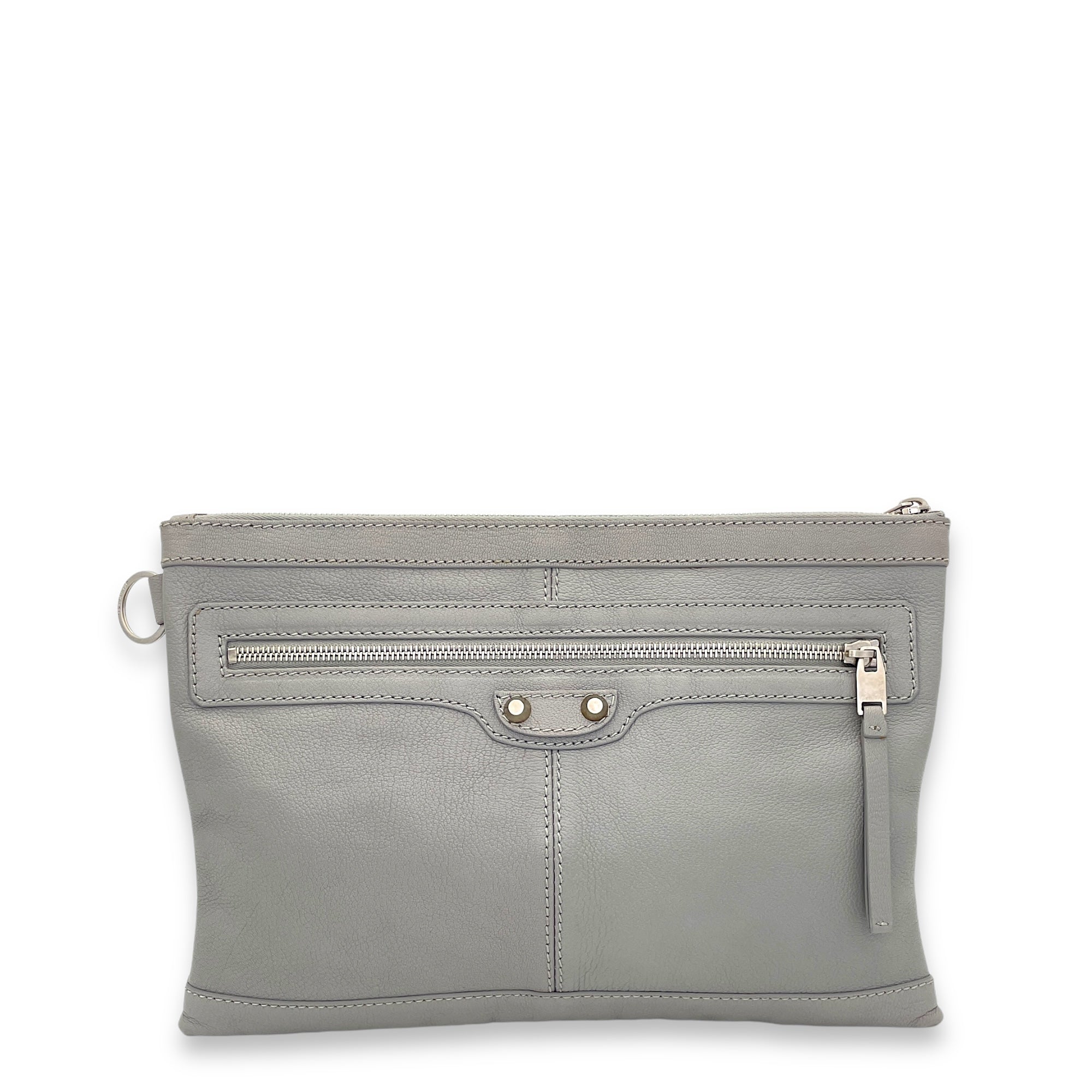 Clip Grey Clutch in Goat Leather, Silver hardware