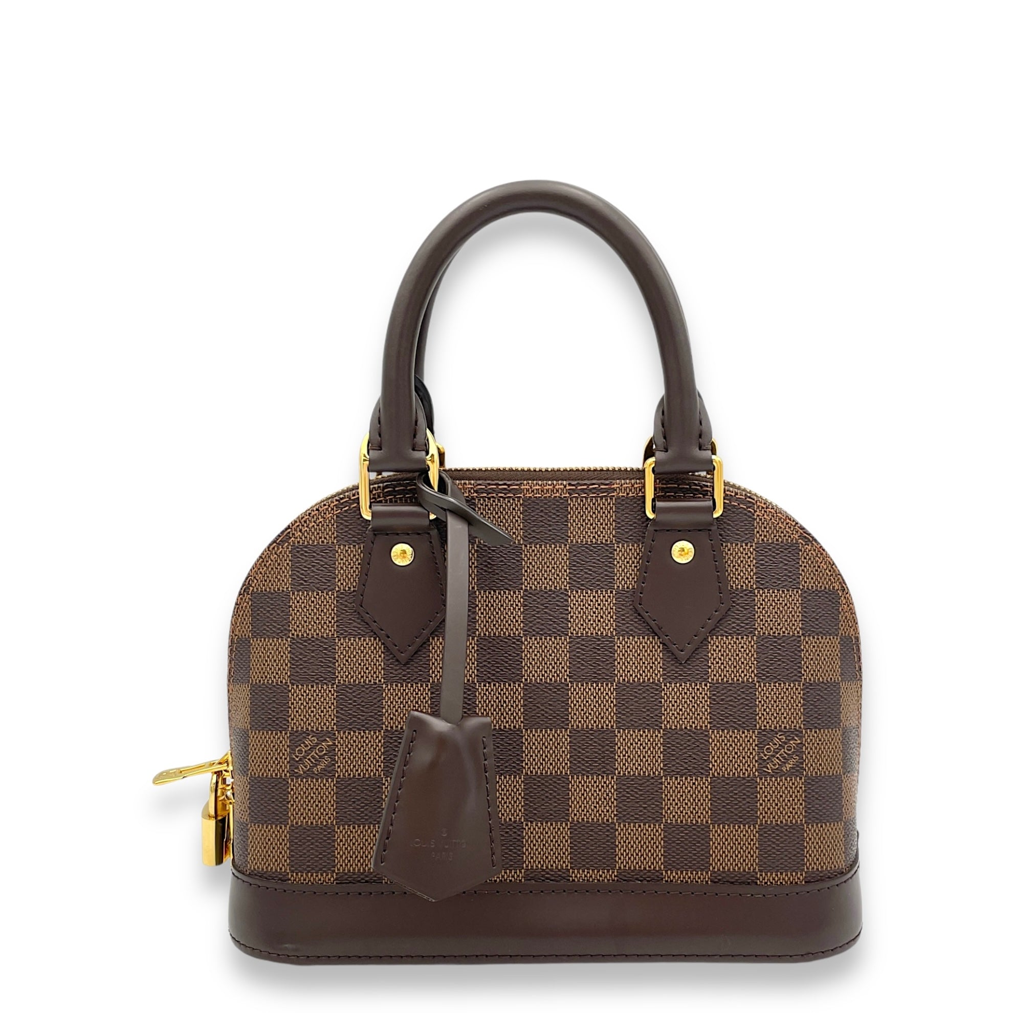 Alma BB Damier Ebene Top Handle Bag in Coated Canvas, Gold hardware