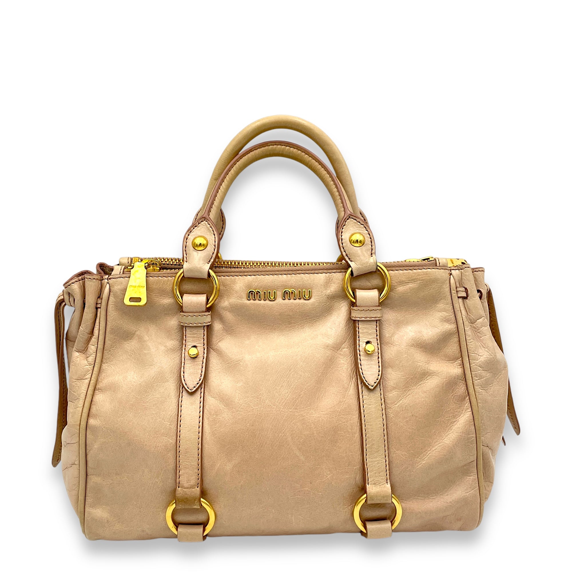 Vitello Shine Top Handle Bag Beige in Distressed Leather, Gold hardware