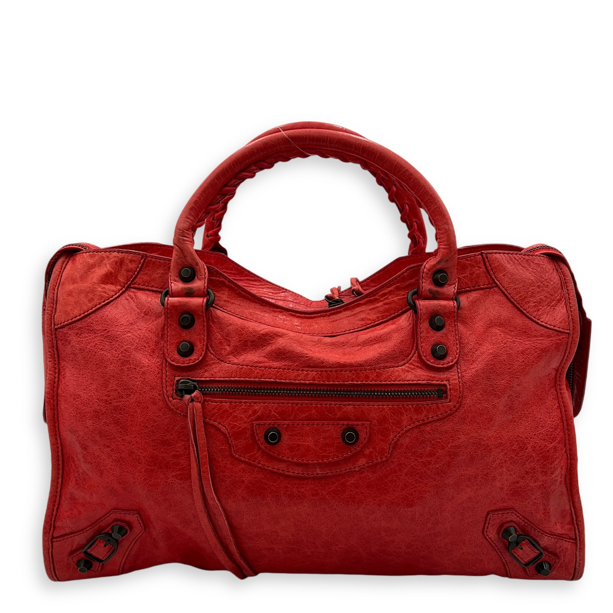 City Top Handle Bag Medium Red in Distressed Leather, Ruthenium hardware