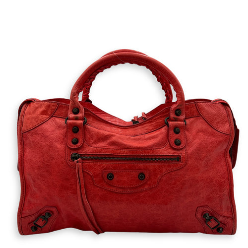 City Top Handle Bag Medium Red in Distressed Leather, Ruthenium hardware