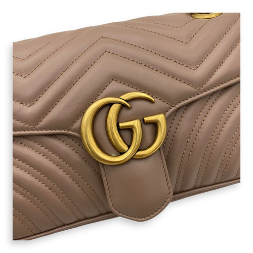 GG Marmont Small Beige Shoulder Bag in Calfskin, Gold hardware